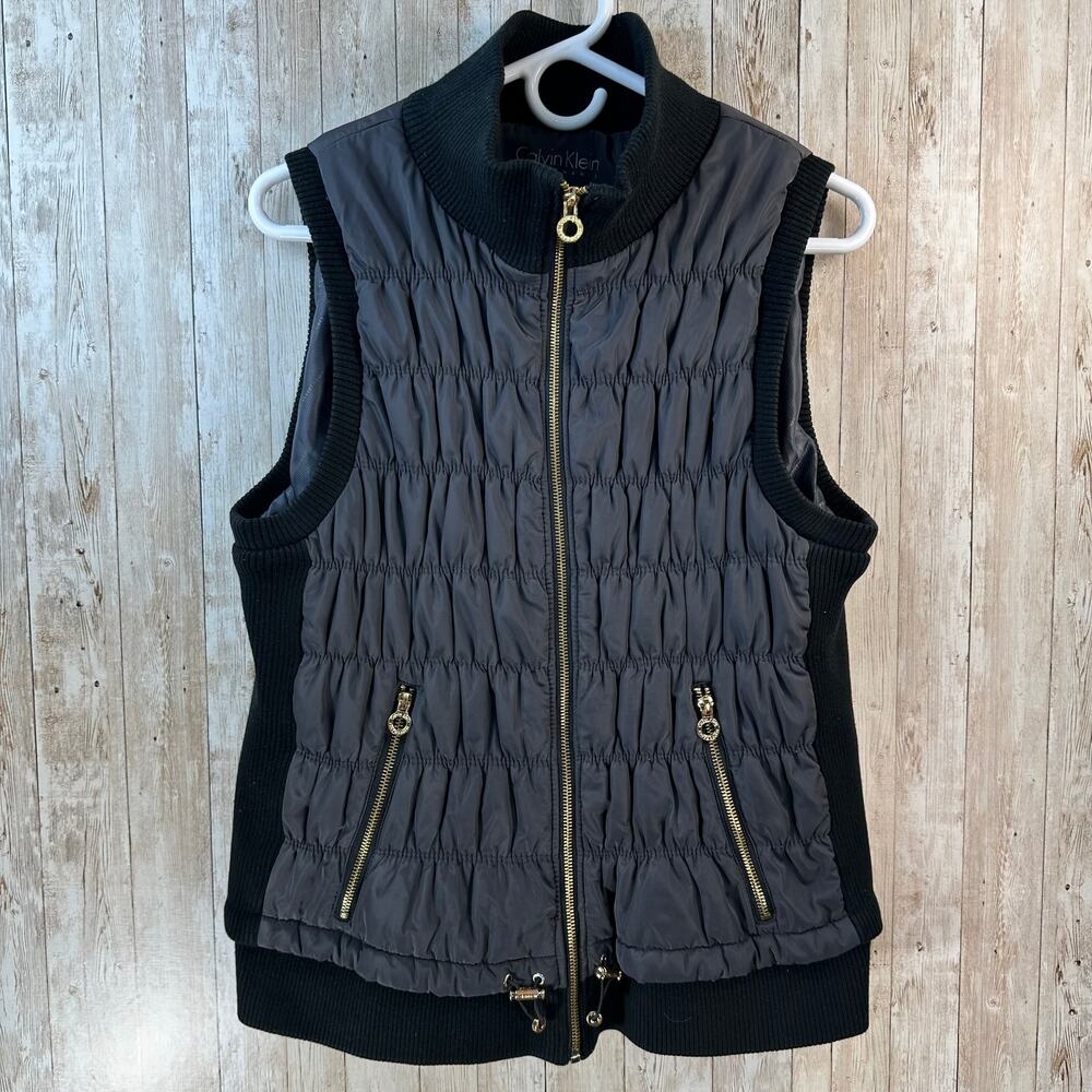 Calvin Klein Performance Puffer Vest Womens XL Black Zip Knit Smart Phone Pocket